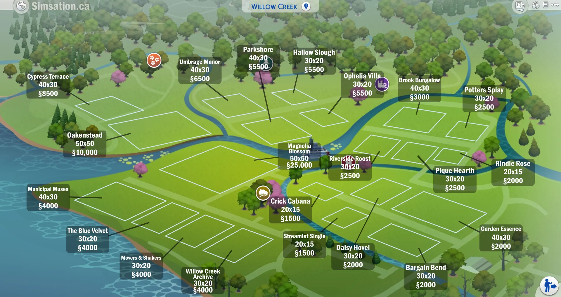 Labelled map of Willow Creek showing bulldozed lots